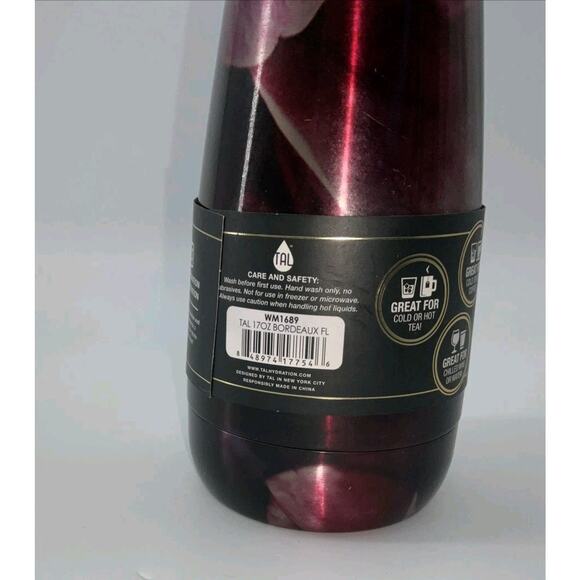 Tal Floral Bordeaux Stainless Steel 17 Ounce Water Bottle with Acacia Wood Lid - Picture 5 of 8